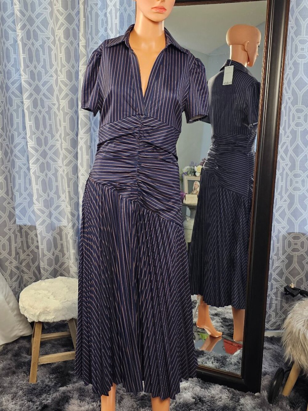 Fu’frio Retro Pinstripe Satin Collared Midi Dress, Size S, NWT